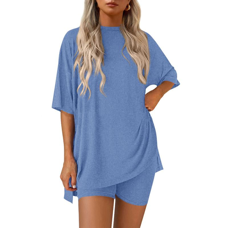 TFNOSIZE Women'S Casual Wear, Summer, 2-Piece Suit, Pajamas, Casual Loose, Short-Sleeved Shorts, Airport Travel Wear, Hem Slits, Home Wear Loungesetwomen Loungewear