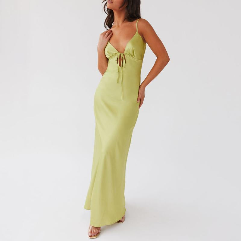 Women Party Satin Elegent Cami Dress Solid Color Sleeveless Tie-Up Front Backless Dress Long Dress Summer Casual Dress Black Maxi