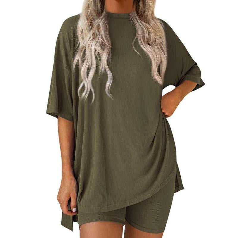 TFNOSIZE Women'S Casual Wear, Summer, 2-Piece Suit, Pajamas, Casual Loose, Short-Sleeved Shorts, Airport Travel Wear, Hem Slits, Home Wear Loungesetwomen Loungewear