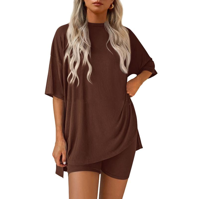 TFNOSIZE Women'S Casual Wear, Summer, 2-Piece Suit, Pajamas, Casual Loose, Short-Sleeved Shorts, Airport Travel Wear, Hem Slits, Home Wear Loungesetwomen Loungewear