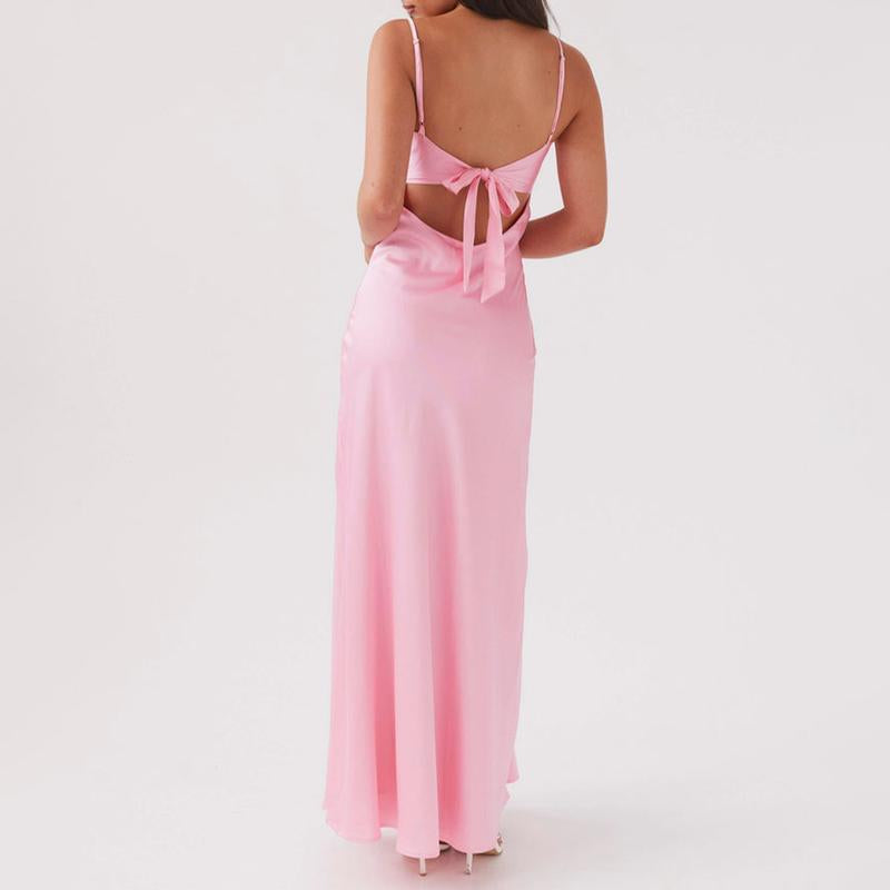 Women Party Satin Elegent Cami Dress Solid Color Sleeveless Tie-Up Front Backless Dress Long Dress Summer Casual Dress Black Maxi