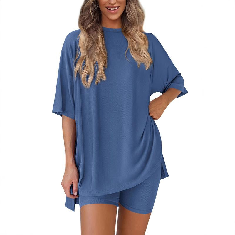 TFNOSIZE Women'S Casual Wear, Summer, 2-Piece Suit, Pajamas, Casual Loose, Short-Sleeved Shorts, Airport Travel Wear, Hem Slits, Home Wear Loungesetwomen Loungewear