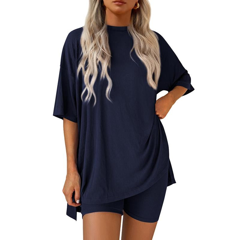 TFNOSIZE Women'S Casual Wear, Summer, 2-Piece Suit, Pajamas, Casual Loose, Short-Sleeved Shorts, Airport Travel Wear, Hem Slits, Home Wear Loungesetwomen Loungewear