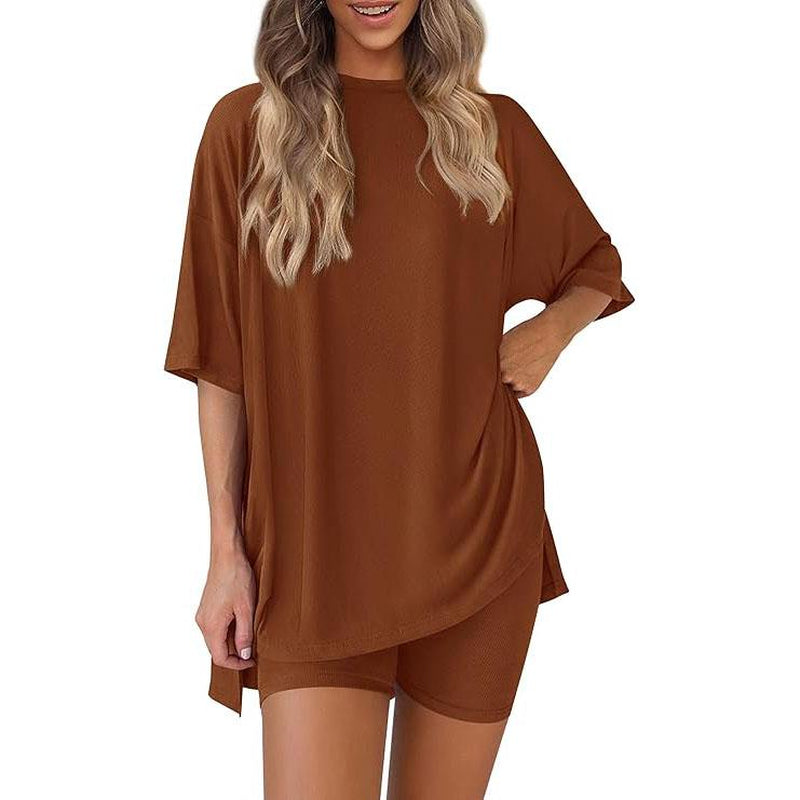 TFNOSIZE Women'S Casual Wear, Summer, 2-Piece Suit, Pajamas, Casual Loose, Short-Sleeved Shorts, Airport Travel Wear, Hem Slits, Home Wear Loungesetwomen Loungewear