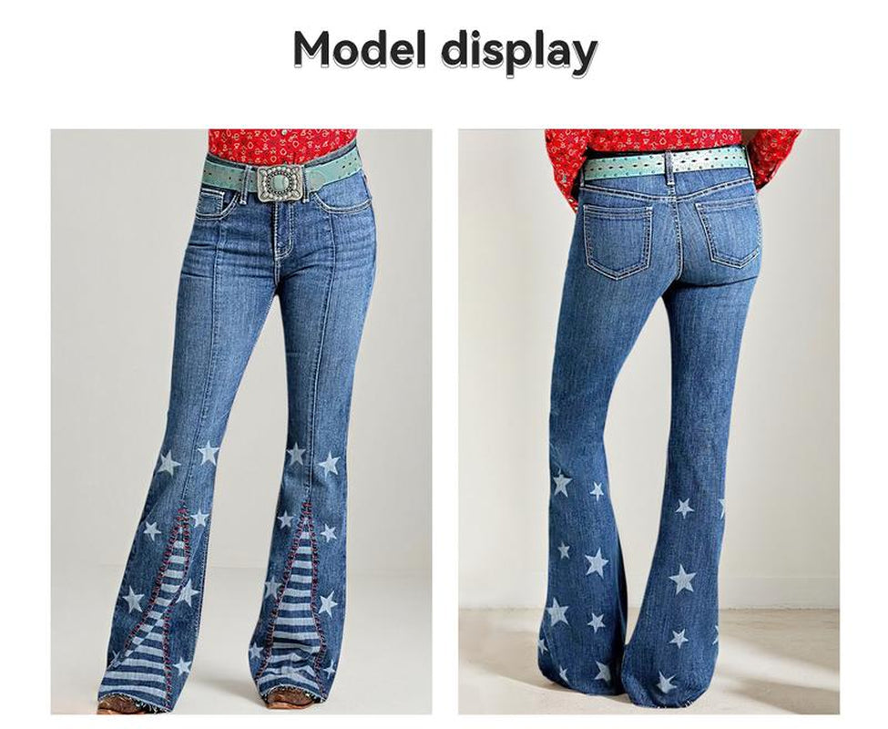 Western Style High Waist Flared Jeans with Star Embroidered Pattern Slimming Fit Retro Fashion Trendy Denim Wear