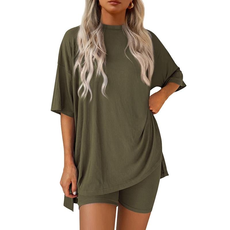 TFNOSIZE Women'S Casual Wear, Summer, 2-Piece Suit, Pajamas, Casual Loose, Short-Sleeved Shorts, Airport Travel Wear, Hem Slits, Home Wear Loungesetwomen Loungewear
