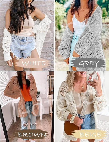 HOTOUCH Lightweight Crochet Cardigan for Women Long Sleeve Open Front Knit Oversized Wear Womenswear Beach Elegant Fashion Solid Matching