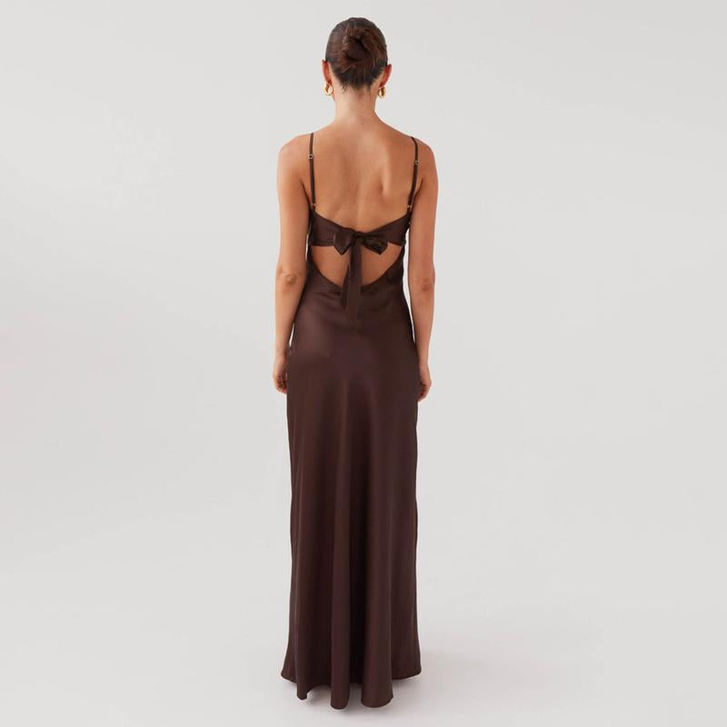 Women Party Satin Elegent Cami Dress Solid Color Sleeveless Tie-Up Front Backless Dress Long Dress Summer Casual Dress Black Maxi