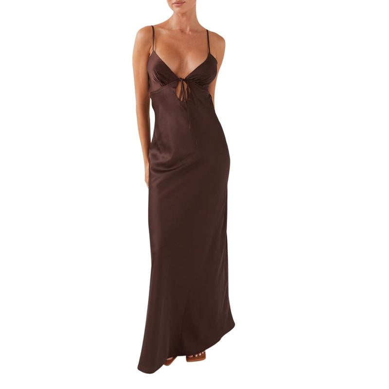 Women Party Satin Elegent Cami Dress Solid Color Sleeveless Tie-Up Front Backless Dress Long Dress Summer Casual Dress Black Maxi