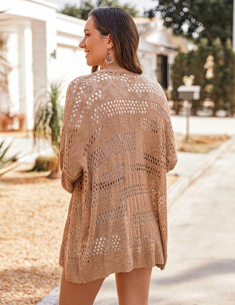 HOTOUCH Lightweight Crochet Cardigan for Women Long Sleeve Open Front Knit Oversized Wear Womenswear Beach Elegant Fashion Solid Matching