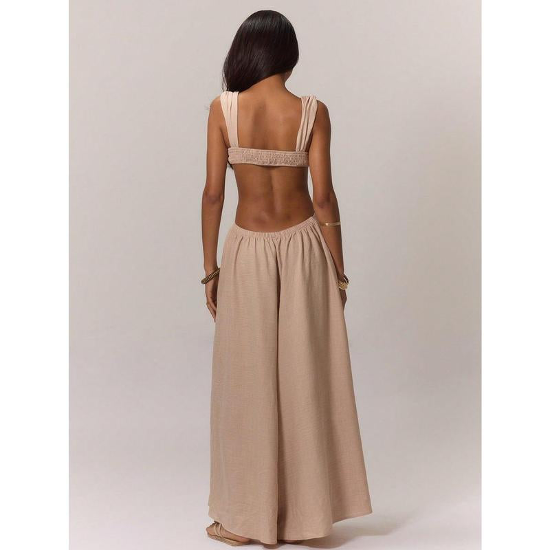Ruched Bust Extreme Wide Leg Jumpsuit Summer Vacation