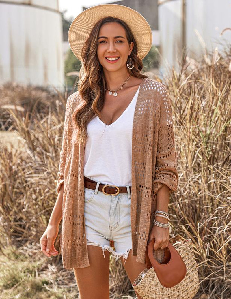 HOTOUCH Lightweight Crochet Cardigan for Women Long Sleeve Open Front Knit Oversized Wear Womenswear Beach Elegant Fashion Solid Matching