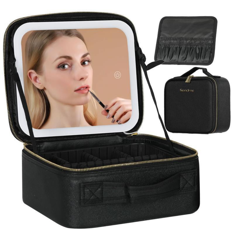 10X Magnifying Detachable Travel Makeup Bag with Mirror of LED Lighted, Adjustable Dividers Makeup Train Case