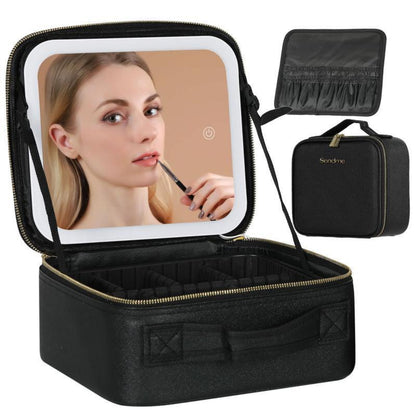10X Magnifying Detachable Travel Makeup Bag with Mirror of LED Lighted, Adjustable Dividers Makeup Train Case