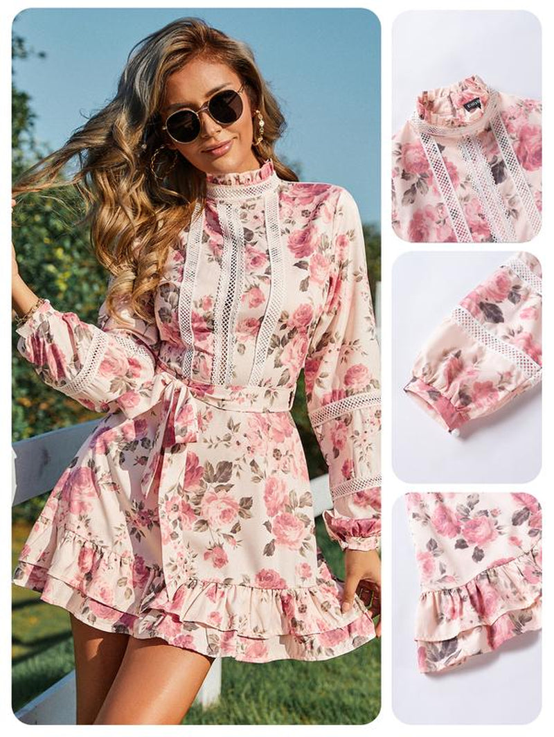 Women S Floral Print Summer Dress - Polyester Vacation Style Withstand Collar and Lettuce Trim, Fitted Woven Dress for Summer Outfits Skirt Elegant Prom Dress Sundress Blacktiedresses Summer Outfits Waisttrainers Birthday Dress White Dress