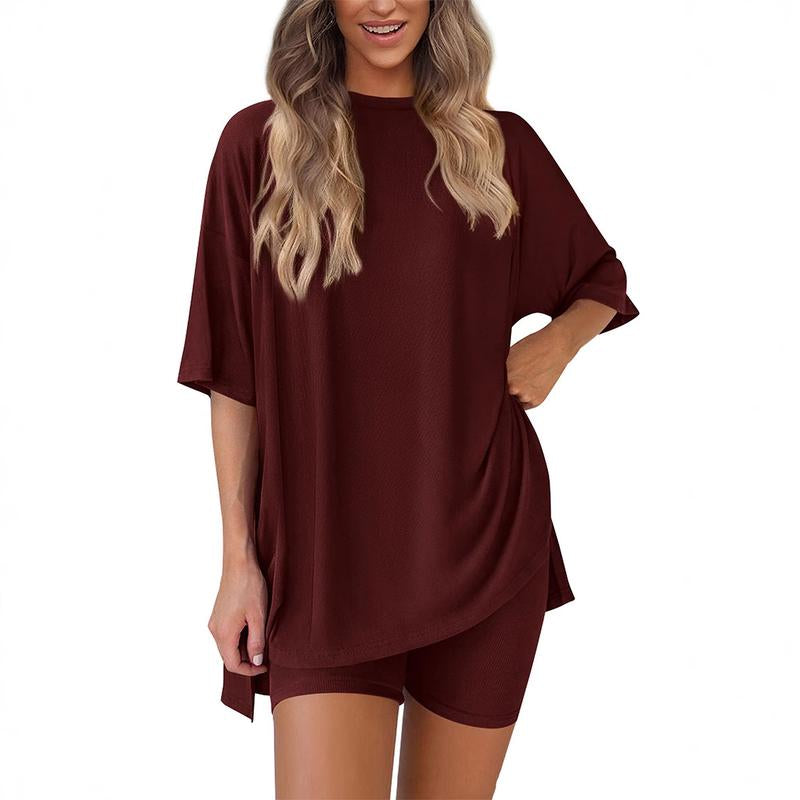 TFNOSIZE Women'S Casual Wear, Summer, 2-Piece Suit, Pajamas, Casual Loose, Short-Sleeved Shorts, Airport Travel Wear, Hem Slits, Home Wear Loungesetwomen Loungewear