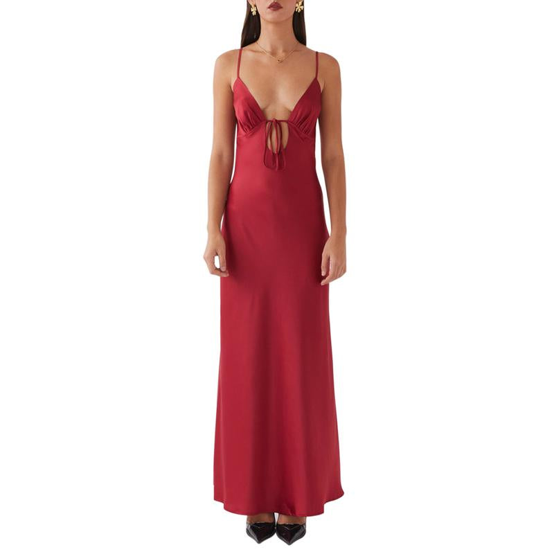 Women Party Satin Elegent Cami Dress Solid Color Sleeveless Tie-Up Front Backless Dress Long Dress Summer Casual Dress Black Maxi