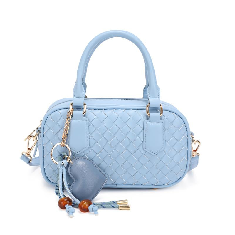 Bagparty Summer Vibe Cute Woven Pillow Box with Fashion Heart Charm, Trendy Design Vegan Leather Women Crossbody Bag for Street, Travel and Party