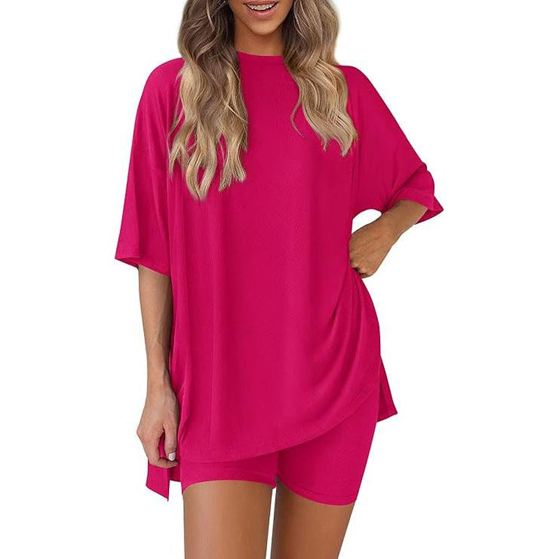 TFNOSIZE Women'S Casual Wear, Summer, 2-Piece Suit, Pajamas, Casual Loose, Short-Sleeved Shorts, Airport Travel Wear, Hem Slits, Home Wear Loungesetwomen Loungewear
