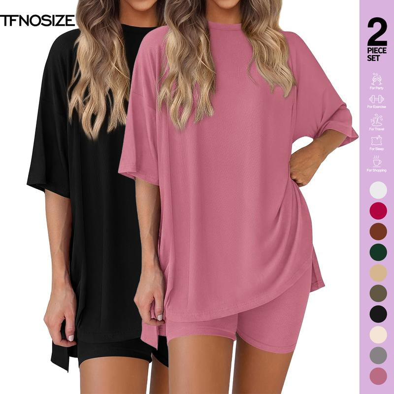 TFNOSIZE Women'S Casual Wear, Summer, 2-Piece Suit, Pajamas, Casual Loose, Short-Sleeved Shorts, Airport Travel Wear, Hem Slits, Home Wear Loungesetwomen Loungewear