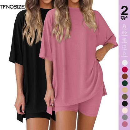 TFNOSIZE Women'S Casual Wear, Summer, 2-Piece Suit, Pajamas, Casual Loose, Short-Sleeved Shorts, Airport Travel Wear, Hem Slits, Home Wear Loungesetwomen Loungewear