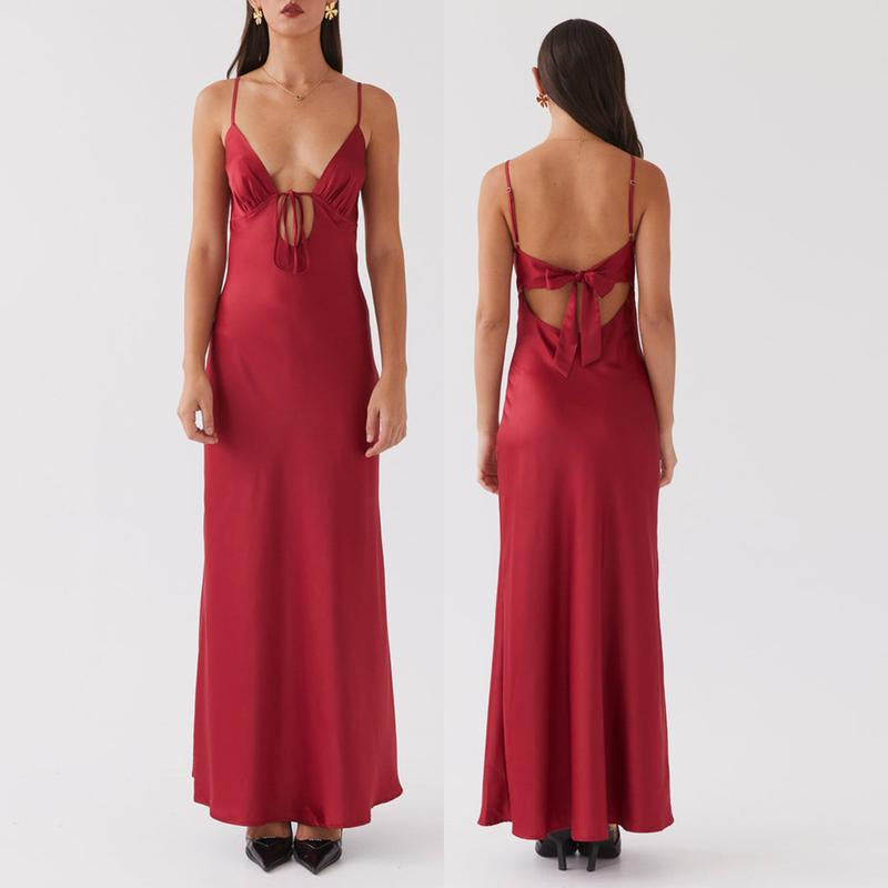 Women Party Satin Elegent Cami Dress Solid Color Sleeveless Tie-Up Front Backless Dress Long Dress Summer Casual Dress Black Maxi