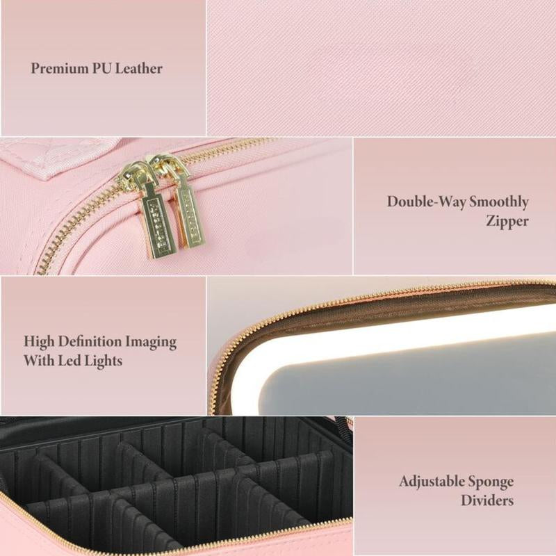 10X Magnifying Detachable Travel Makeup Bag with Mirror of LED Lighted, Adjustable Dividers Makeup Train Case