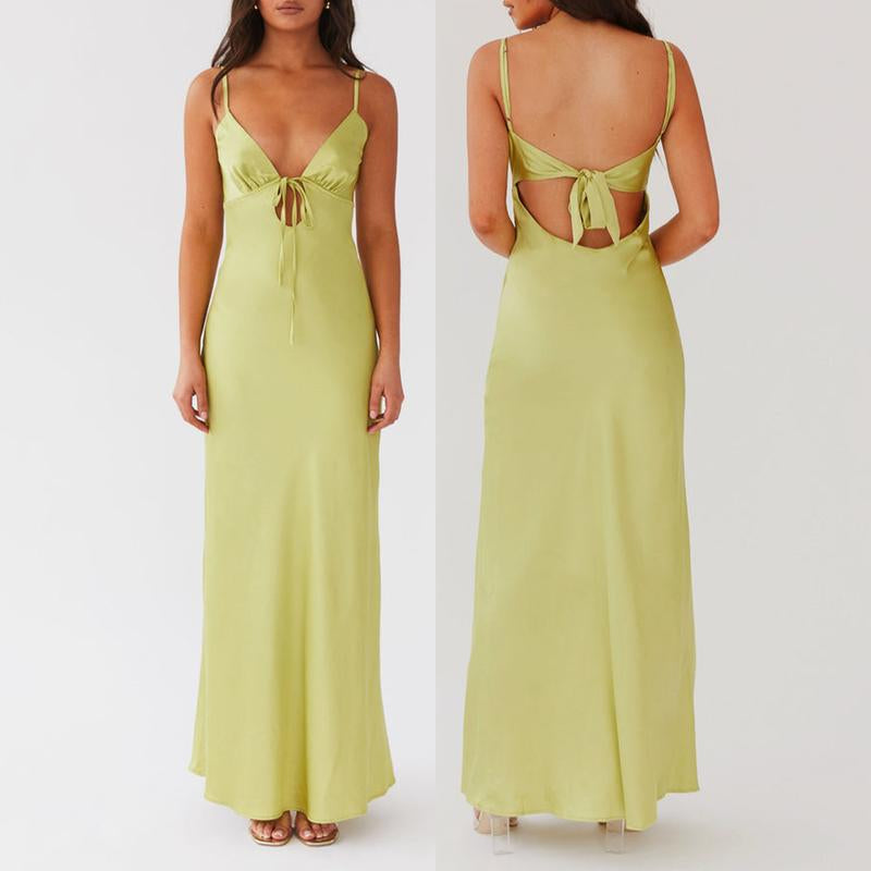 Women Party Satin Elegent Cami Dress Solid Color Sleeveless Tie-Up Front Backless Dress Long Dress Summer Casual Dress Black Maxi