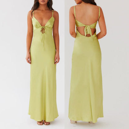 Women Party Satin Elegent Cami Dress Solid Color Sleeveless Tie-Up Front Backless Dress Long Dress Summer Casual Dress Black Maxi