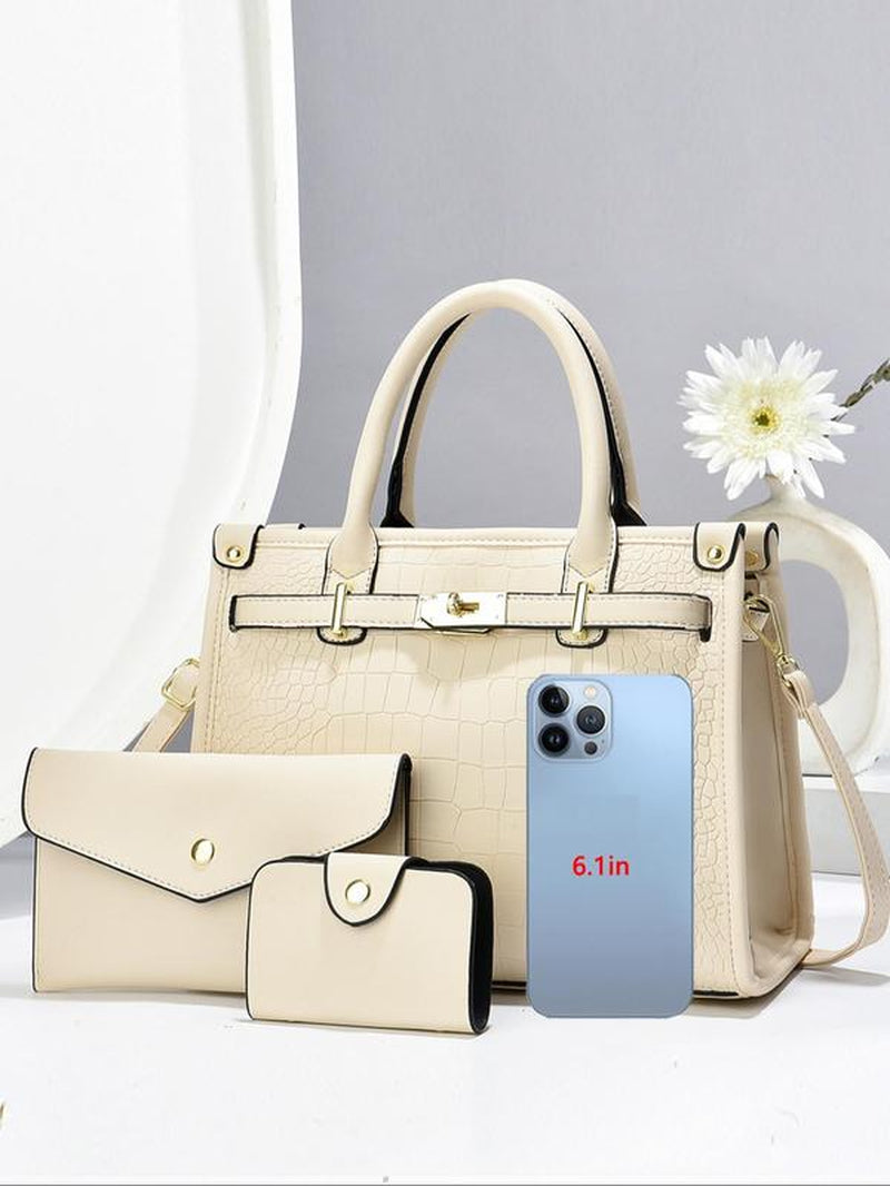 Women'S Fashionable Crocodile Embossed Handbag & Clutch Bag & Wallet, Casual Versatile Large Capacity Tote Bag Set, Trendy High-Quality Daily Commuting Bag Set