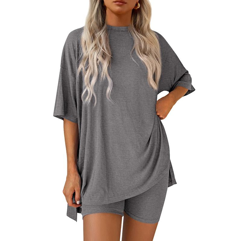 TFNOSIZE Women'S Casual Wear, Summer, 2-Piece Suit, Pajamas, Casual Loose, Short-Sleeved Shorts, Airport Travel Wear, Hem Slits, Home Wear Loungesetwomen Loungewear