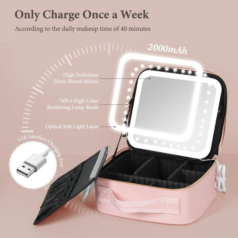 10X Magnifying Detachable Travel Makeup Bag with Mirror of LED Lighted, Adjustable Dividers Makeup Train Case