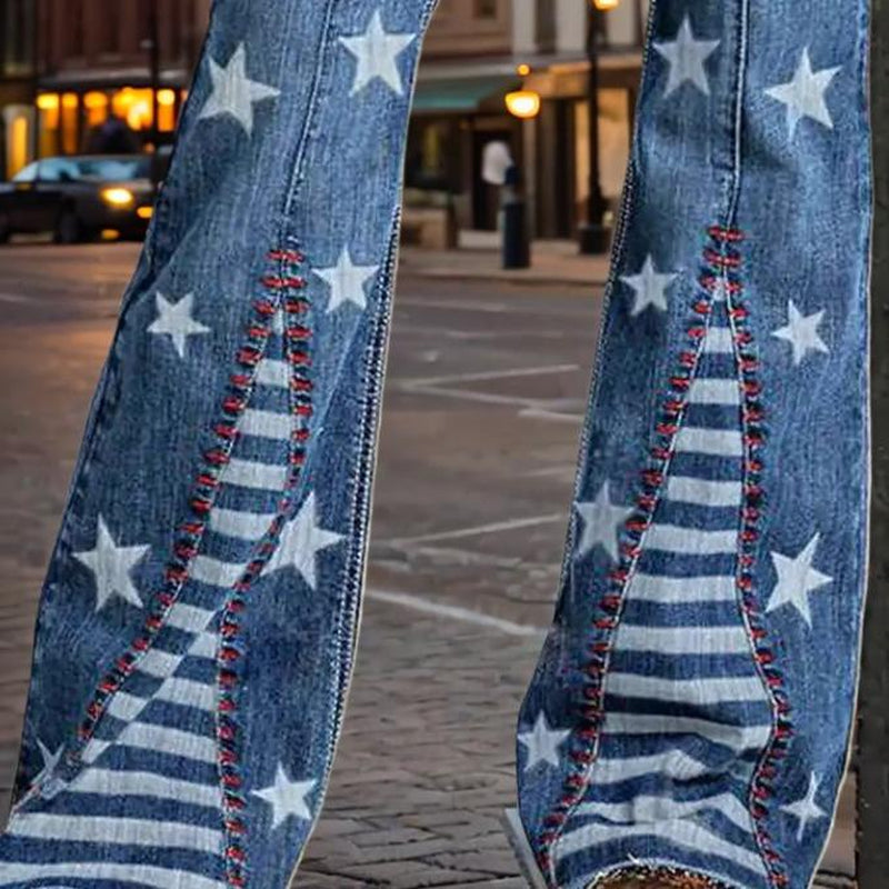 Western Style High Waist Flared Jeans with Star Embroidered Pattern Slimming Fit Retro Fashion Trendy Denim Wear