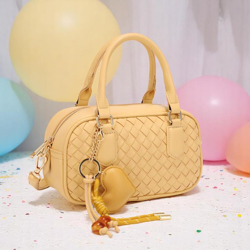 Bagparty Summer Vibe Cute Woven Pillow Box with Fashion Heart Charm, Trendy Design Vegan Leather Women Crossbody Bag for Street, Travel and Party