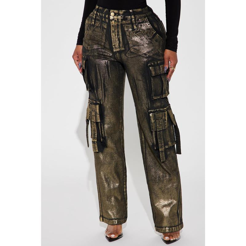 Pure Luxury Metallic Foil Cargo Pant - Gold/Combo