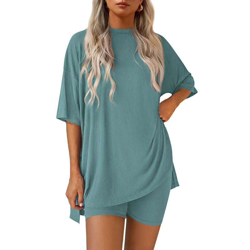 TFNOSIZE Women'S Casual Wear, Summer, 2-Piece Suit, Pajamas, Casual Loose, Short-Sleeved Shorts, Airport Travel Wear, Hem Slits, Home Wear Loungesetwomen Loungewear