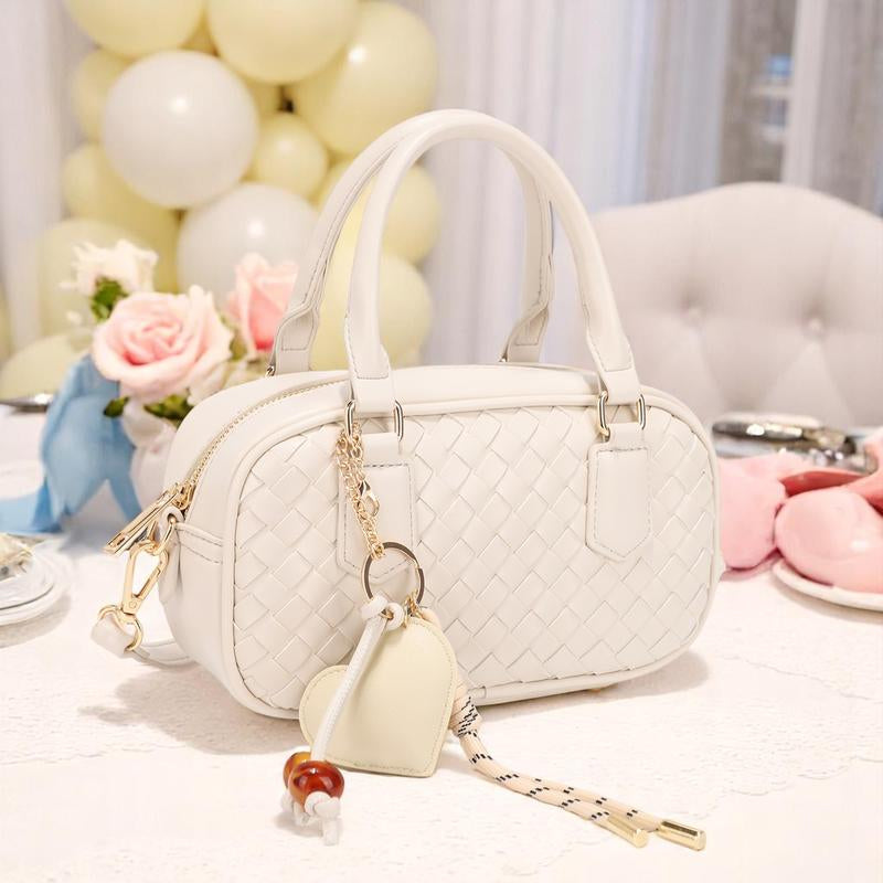 Bagparty Summer Vibe Cute Woven Pillow Box with Fashion Heart Charm, Trendy Design Vegan Leather Women Crossbody Bag for Street, Travel and Party