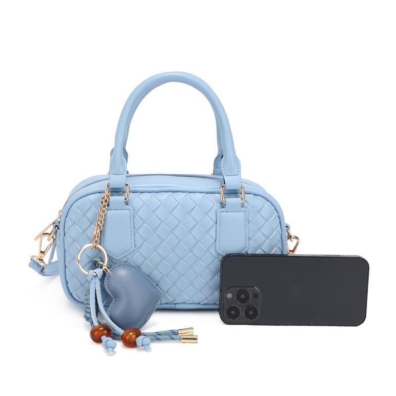 Bagparty Summer Vibe Cute Woven Pillow Box with Fashion Heart Charm, Trendy Design Vegan Leather Women Crossbody Bag for Street, Travel and Party