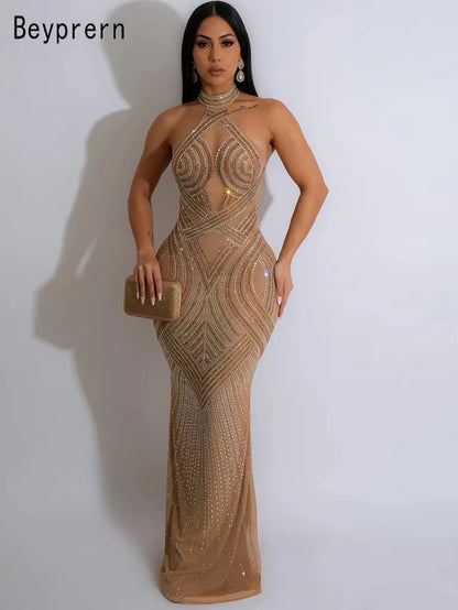 Women'S Rhinestones Décor Long Maxi Dress Glam Backless Hallucination Mesh Diamonds Party Dress Celebrities Outfits