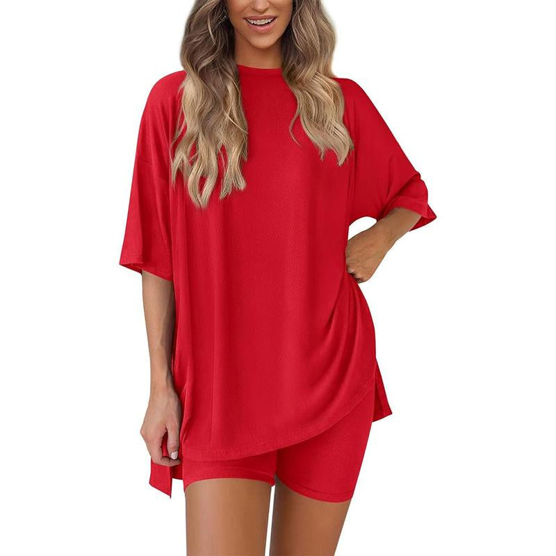 TFNOSIZE Women'S Casual Wear, Summer, 2-Piece Suit, Pajamas, Casual Loose, Short-Sleeved Shorts, Airport Travel Wear, Hem Slits, Home Wear Loungesetwomen Loungewear