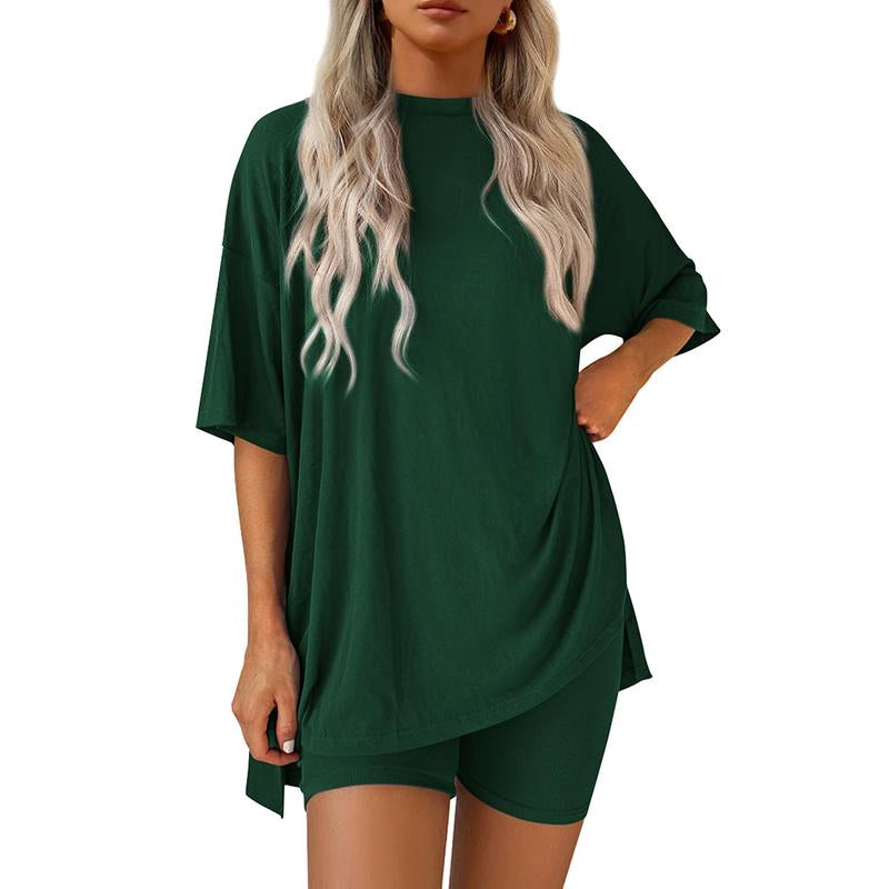 TFNOSIZE Women'S Casual Wear, Summer, 2-Piece Suit, Pajamas, Casual Loose, Short-Sleeved Shorts, Airport Travel Wear, Hem Slits, Home Wear Loungesetwomen Loungewear
