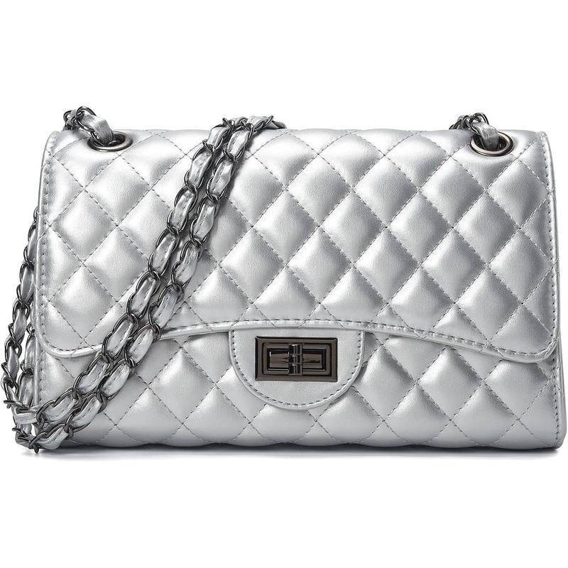 Quilted Leather Crossbody Bags for Women Trendy Ladies Shoulder Purse Satchel Handbag with Chain Strap