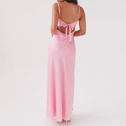 Women Party Satin Elegent Cami Dress Solid Color Sleeveless Tie-Up Front Backless Dress Long Dress Summer Casual Dress Black Maxi