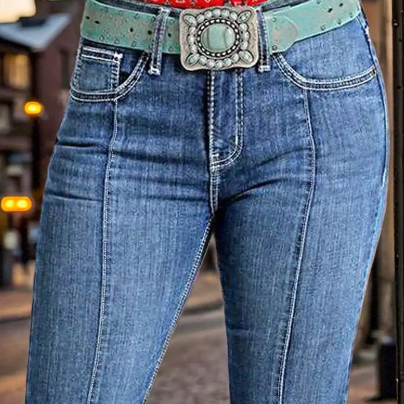 Western Style High Waist Flared Jeans with Star Embroidered Pattern Slimming Fit Retro Fashion Trendy Denim Wear
