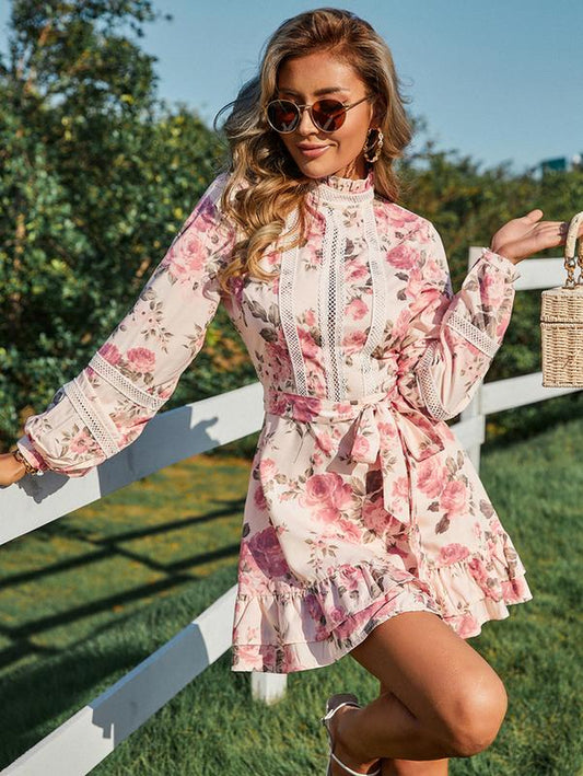 Women S Floral Print Summer Dress - Polyester Vacation Style Withstand Collar and Lettuce Trim, Fitted Woven Dress for Summer Outfits Skirt Elegant Prom Dress Sundress Blacktiedresses Summer Outfits Waisttrainers Birthday Dress White Dress