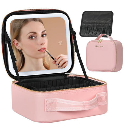 10X Magnifying Detachable Travel Makeup Bag with Mirror of LED Lighted, Adjustable Dividers Makeup Train Case
