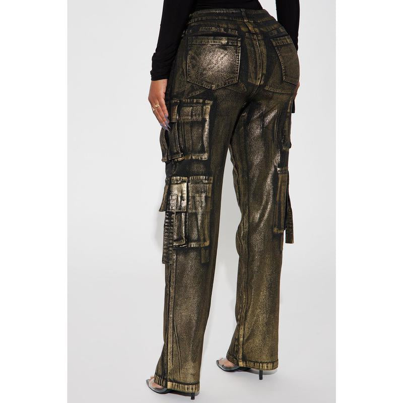 Pure Luxury Metallic Foil Cargo Pant - Gold/Combo