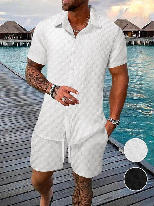 Men'S Solid Short Sleeve Shirt & Shorts Two-Piece Set, Loose Casual Comfy Button Collared Top & Shorts for Summer, Men'S Clothes for Daily Wear