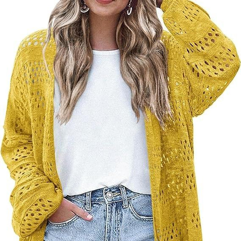 HOTOUCH Lightweight Crochet Cardigan for Women Long Sleeve Open Front Knit Oversized Wear Womenswear Beach Elegant Fashion Solid Matching