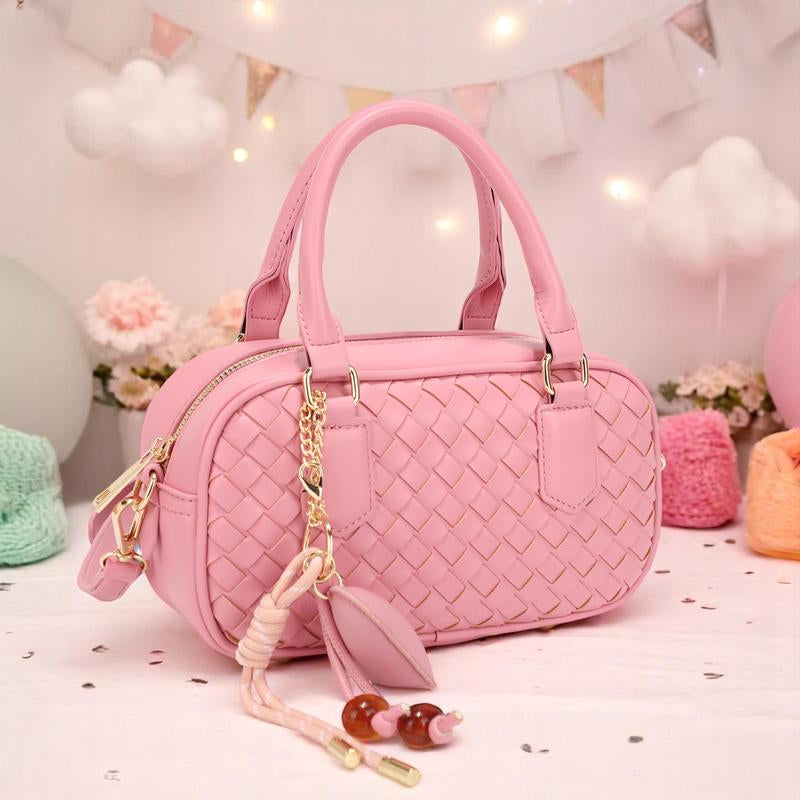 Bagparty Summer Vibe Cute Woven Pillow Box with Fashion Heart Charm, Trendy Design Vegan Leather Women Crossbody Bag for Street, Travel and Party